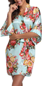 Women's Floral Satin Robes Bride Bridesmaid Getting Ready Robe Short Silky Kimono Sleepwear for Wedding Party