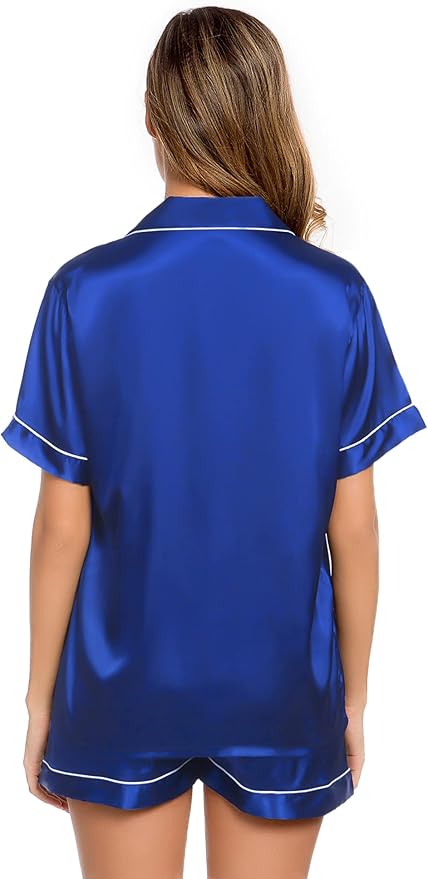 LecGee Womens Silk Satin Pajamas Short Sleeve Loungewear Two-Piece Sleepwear Button-Down Pj Set