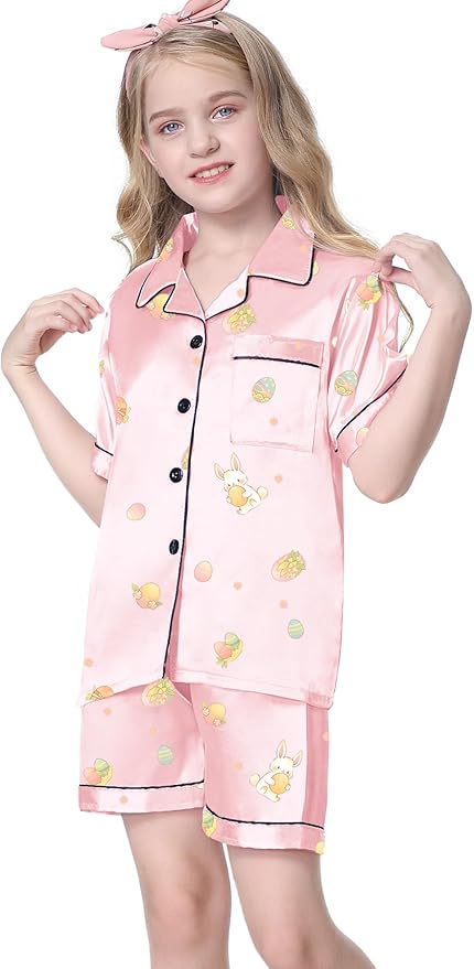 Umeyda Women & Girls Pajamas Set, Soft Satin Lightweight Silk Button-Down Top with Shorts 2 Piece PJS for Mom Boys Kids Gifts