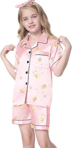 Umeyda Women & Girls Pajamas Set, Soft Satin Lightweight Silk Button-Down Top with Shorts 2 Piece PJS for Mom Boys Kids Gifts