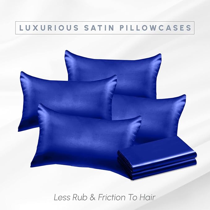 Elegant Comfort 6-Pack Cooling Viscose Satin Pillowcase Set with Hidden Zipper Closure, Silky Smooth for Hair and Skin Care-Beautiful Gift Box-6-Piece Satin Pillowcase Set, Standard/Queen, Royal Blue