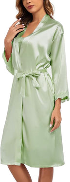 BestWendding Women's Silk Robe Set 2 Pieces Pajamas Sets Sexy Soft Satin Robe with V Neck Camisole Lingerie Nightgown