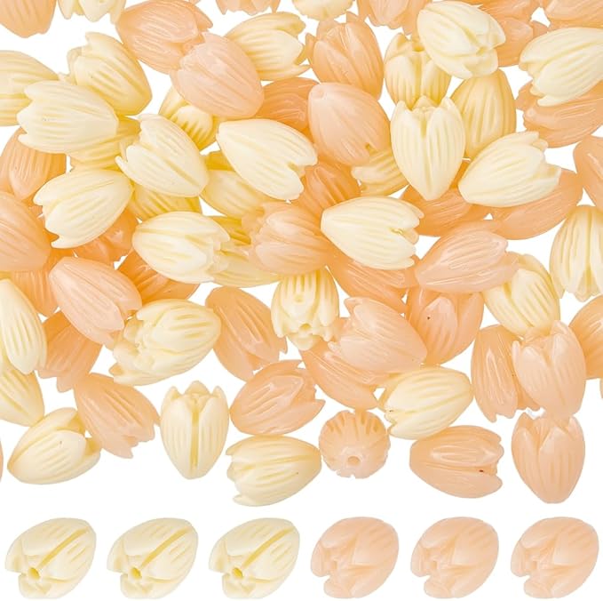 100pcs 9x11mm Flower Shape Beads Light Pink Flower Beads Artificial Synthetic Coral Peach Color and Creamy White Spring Flowers Loose Spacer Jasmine Bead for Jewelry Making Necklace Bracelet
