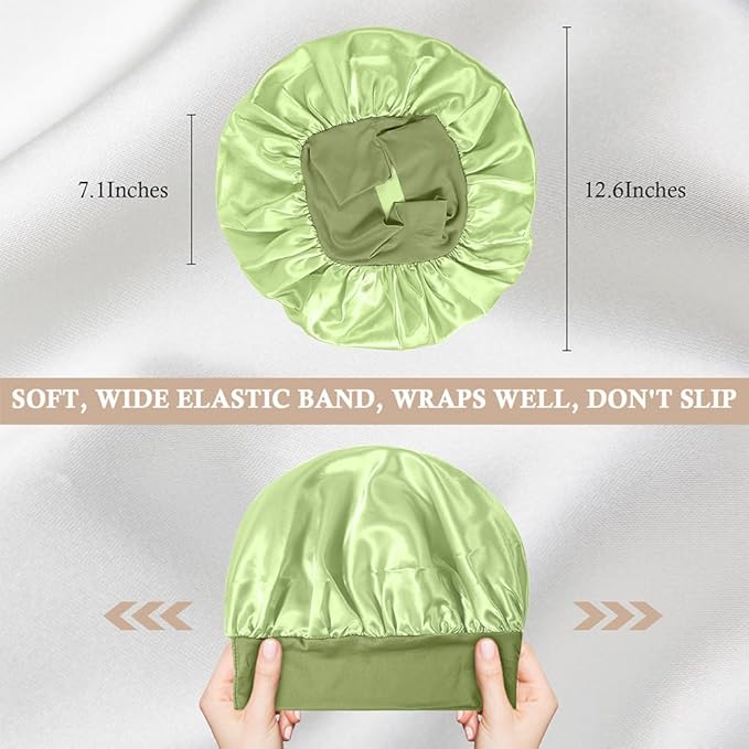 4Pcs Satin Bonnet Silk Bonnet, Hair Bonnet for Sleeping, Elastic Wide Band Silk Sleep Cap, Shower Cap Soft and Breathable (Green Series)