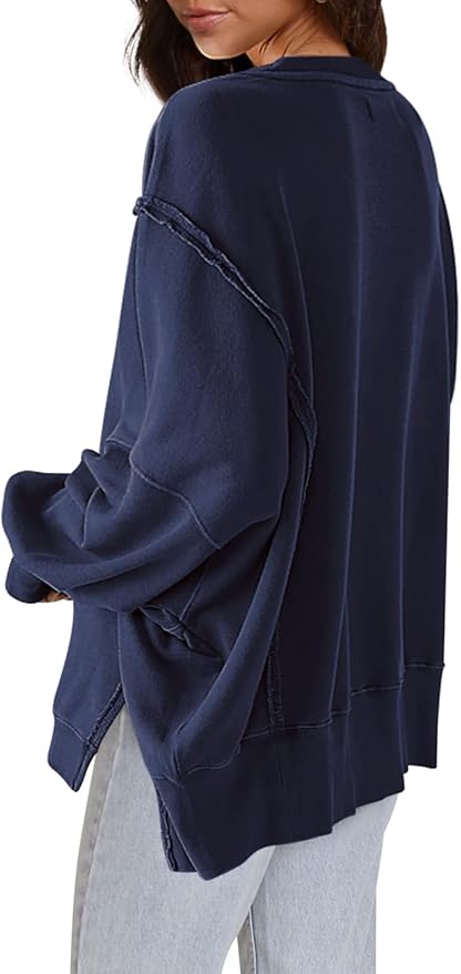 Nirovien Womens Oversized Crewneck Sweatshirt Side Slit Long Sleeve Pullover Slouchy Fit Tops