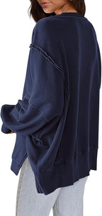 Nirovien Womens Oversized Crewneck Sweatshirt Side Slit Long Sleeve Pullover Slouchy Fit Tops