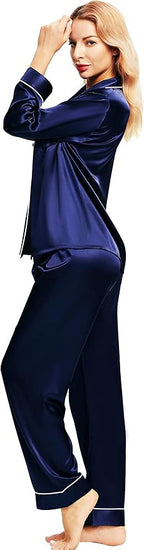 SIHA Satin Silk Pajamas for Women Pajama Set With Long Sleeve Button-Down Satin Pajamas Sleepwear XS-3XL