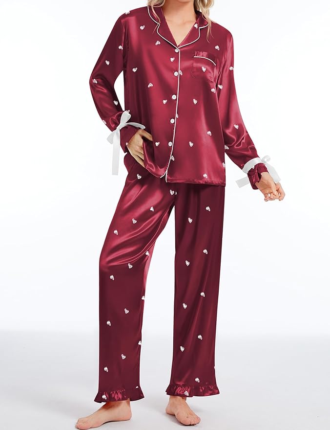 SWOMOG Womens Silk Satin Pajamas Set Long Sleeve Button Down Sleepwear 2 Piece Lounge Set Pj Set XS-3XL