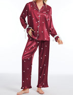 SWOMOG Womens Silk Satin Pajamas Set Long Sleeve Button Down Sleepwear 2 Piece Lounge Set Pj Set XS-3XL