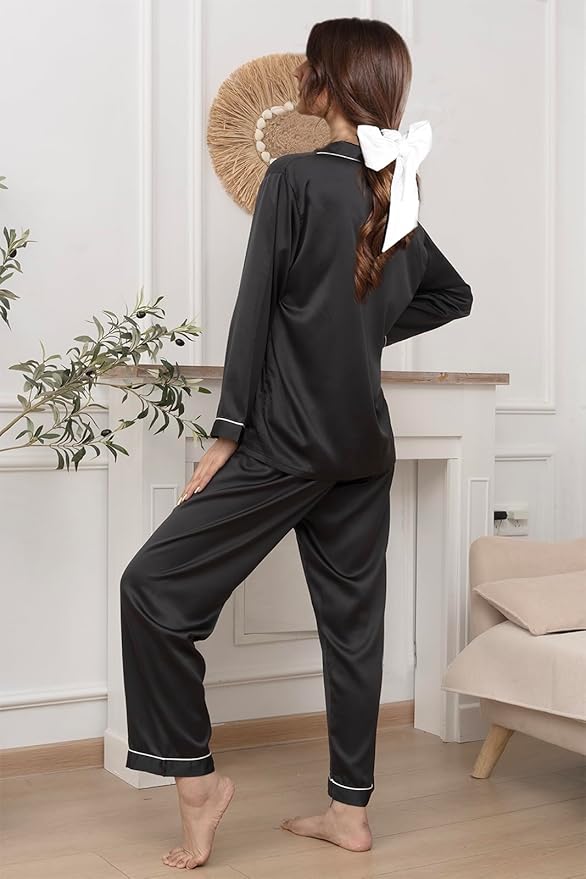 WJing Yi Jia 3Pcs Satin Pajama Sets For Women XS-3XL Womens Silk Pajamas Set Silky Sleepwear Nigtwear Loungewear Long Pj Set