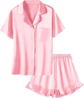 Umeyda Girls & Women Satin Pajamas Set Button Down 2 Piece Silk Pjs Shorts Set Ruffle Sleepwear, 5 Years-Women L