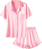 Umeyda Girls & Women Satin Pajamas Set Button Down 2 Piece Silk Pjs Shorts Set Ruffle Sleepwear, 5 Years-Women L