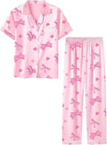 Umeyda Girls Womens Pajamas Set, Satin Silky Button Down Loungewear 2 Piece Short Sleeve Pants PJS Sets for Mommy Kids