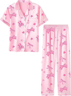 Umeyda Girls Womens Pajamas Set, Satin Silky Button Down Loungewear 2 Piece Short Sleeve Pants PJS Sets for Mommy Kids