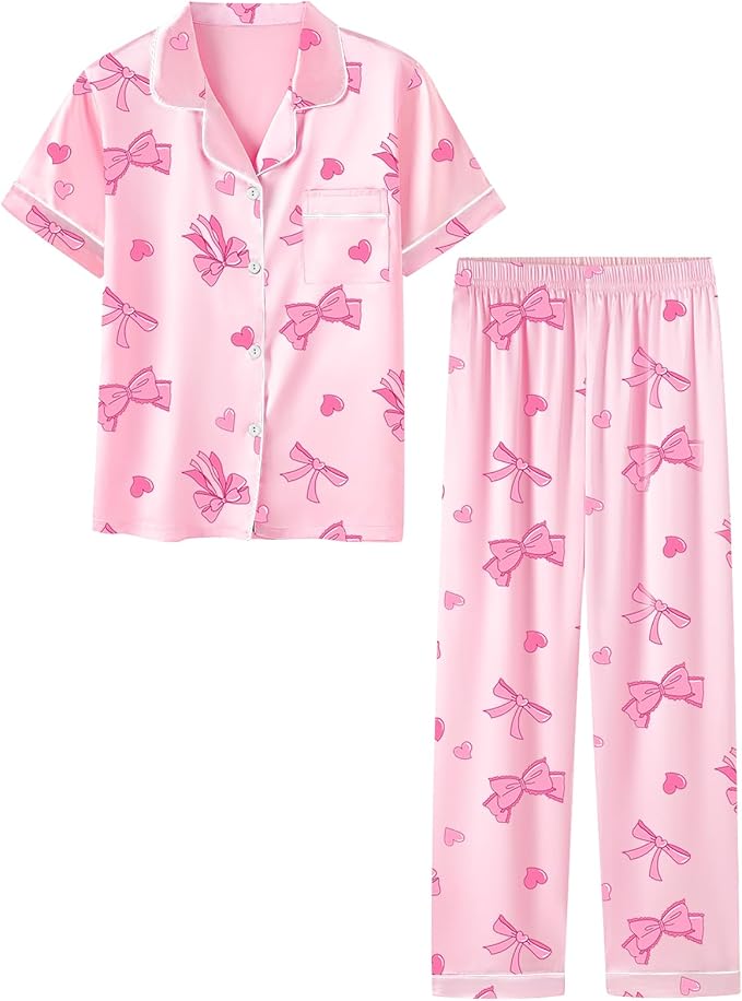 Umeyda Girls Womens Pajamas Set, Satin Silky Button Down Loungewear 2 Piece Short Sleeve Pants PJS Sets for Mommy Kids