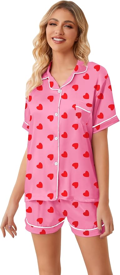 Umeyda Women & Girls Pajamas Set, Soft Satin Lightweight Silk Button-Down Top with Shorts 2 Piece PJS for Mom Boys Kids Gifts