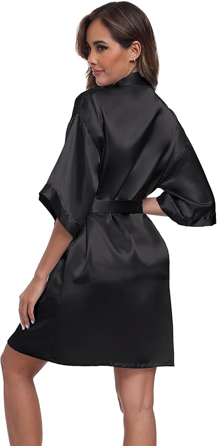 Women's Short Satin Robes Silky Bathrobe Bridesmaid Sleepwear for Wedding Party Getting Ready Solid Color
