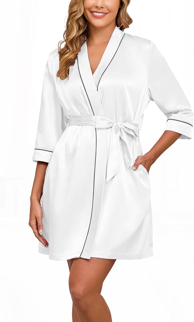 Veseacky Women's Satin Robe Knee Length V Neck Lightweight Silky Bathrobe Casual Loungewear Sleepwear with Waist Tie