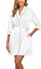 Veseacky Women's Satin Robe Knee Length V Neck Lightweight Silky Bathrobe Casual Loungewear Sleepwear with Waist Tie