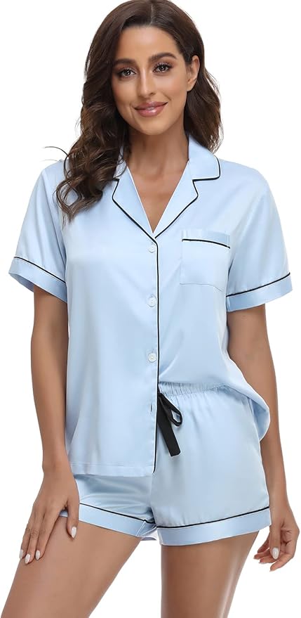 Serenedelicacy Women's Satin Pajama Set 2-Piece Sleepwear Loungewear Button Down Short Sleeve Silky PJ Set