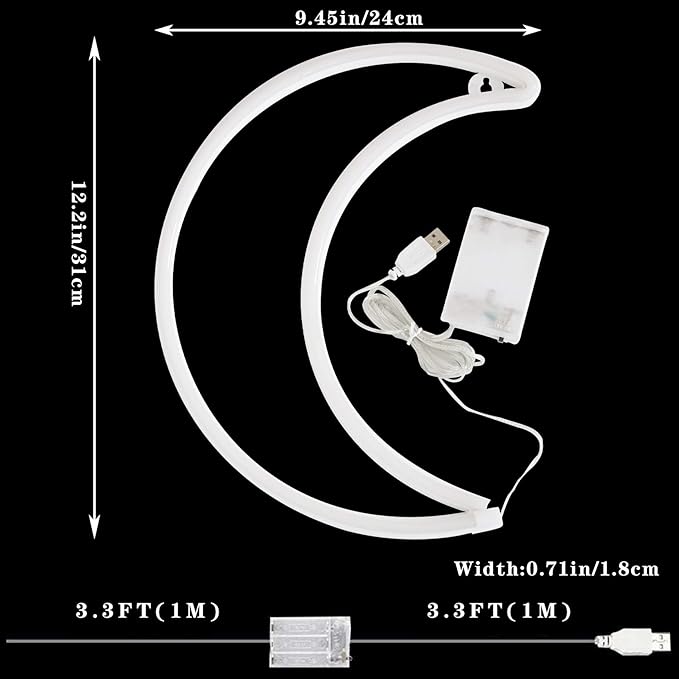 LED Warm White Moon Neon Light, Cute Neon Moon Sign,Christmas Room Decor Battery or USB Powered 5V Art LED Decorative Lights Night Lights Indoor for Home, Bedroom, Office,Dorm,Party (Warm White Moon)