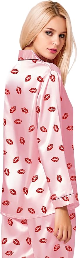 SWOMOG Womens Silk Satin Pajamas Set Long Sleeve Button Down Sleepwear 2 Piece Lounge Set Pj Set XS-3XL
