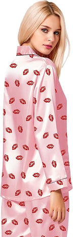 SWOMOG Womens Silk Satin Pajamas Set Long Sleeve Button Down Sleepwear 2 Piece Lounge Set Pj Set XS-3XL