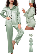 WJing Yi Jia 5Pcs XS-XXL Womens Silk Satin Pajamas Sets Long Pj Sets Button Down Pjs Set Loungewear Sleepwear