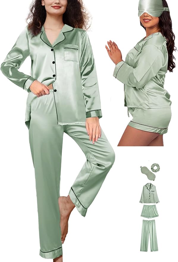 WJing Yi Jia 5Pcs XS-XXL Womens Silk Satin Pajamas Sets Long Pj Sets Button Down Pjs Set Loungewear Sleepwear