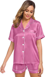 SWOMOG Womens Silk Satin Pajamas Set Short Sleeve Sleepwear Button Down Top and Shorts Loungewear 2 Piece Pjs Set XS-3XL