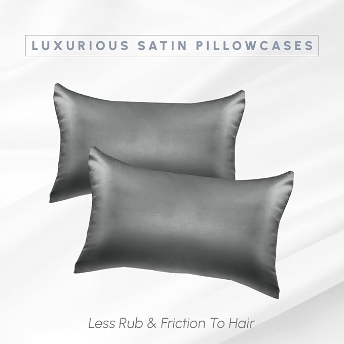 Elegant Comfort 2-Pack Cooling Viscose Satin Pillowcase Set with Hidden Zipper Closure, Silky Smooth for Best Hair and Skin Care-Beautiful Gift Box-2-Piece Satin Pillowcase Set, Standard/Queen, Gray