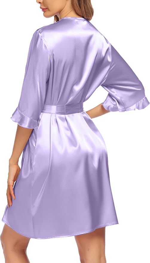 Ekouaer Women's Satin Robe Valentines Lingerie for Women Kimono Bathrobe Short Ruffle Belted Robes Bridesmaids Sleepwear