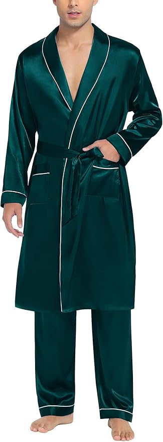 SWOMOG Men's Satin Robe Silky Kimono Bathrobe with Shorts Set Lightweight Soft Loungewear Nightwear