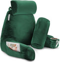 Clara Clark Reading Pillow with Shredded Memory Foam Includes 2 Neck and Lumber Support Pillows, Designed for Sitting Up in Bed and Couch Back and Arms Adjustable Support for Adults & Teens Dark Green