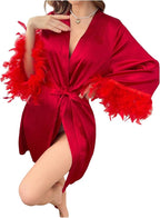 GORGLITTER Women's Satin Kimono Robe Feather Silk Robes Bridal Party Bridesmaid Robes