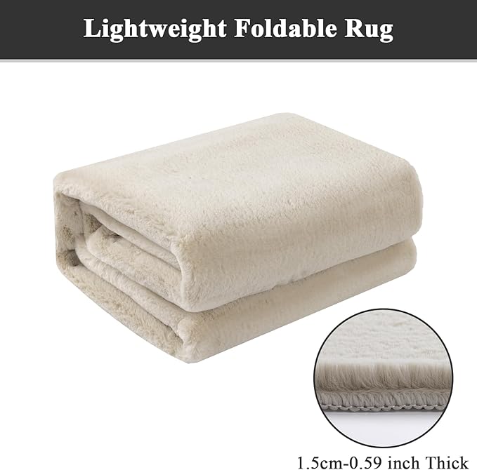 SHACOS Silky Soft Faux Rabbit Fur Area Rug 3'x5' Non Slip Washable Padded Medium Thick Rugs Fluffy Cozy Indoor Modern Carpet for Living Room Bedroom Dining Room Kids Room Dorm Home Decor, Beige