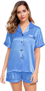 LecGee Womens Silk Satin Pajamas Short Sleeve Loungewear Two-Piece Sleepwear Button-Down Pj Set