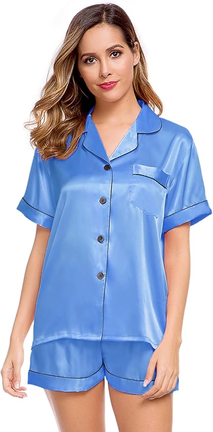 LecGee Womens Silk Satin Pajamas Short Sleeve Loungewear Two-Piece Sleepwear Button-Down Pj Set