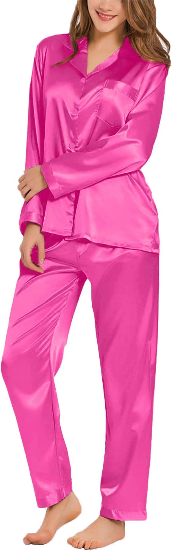SWOMOG Long Sleeve Pajamas Set Silk Satin Sleepwear Button Down Pjs Loungewear with Pocket