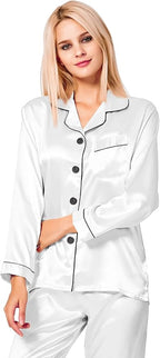 SWOMOG Womens Silk Satin Pajamas Set Long Sleeve Button Down Sleepwear 2 Piece Lounge Set Pj Set XS-3XL