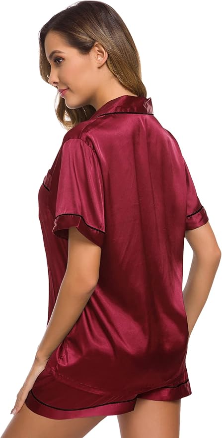 SWOMOG Womens Silk Satin Pajamas Set Short Sleeve Sleepwear Button Down Top and Shorts Loungewear 2 Piece Pjs Set XS-3XL