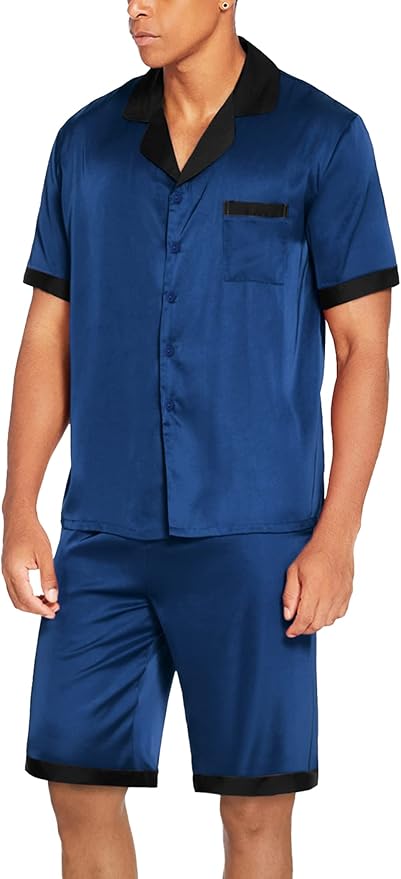 Ekouaer Men Satin Silk Pajamas Set with Pockets Sleepwear Shorts Satin Summer Loungewear 2 Piece Button Down Set S-3XL