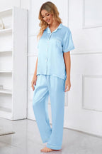 Umeyda Girls Womens Pajamas Set, Satin Silky Button Down Loungewear 2 Piece Short Sleeve Pants PJS Sets for Mommy Kids