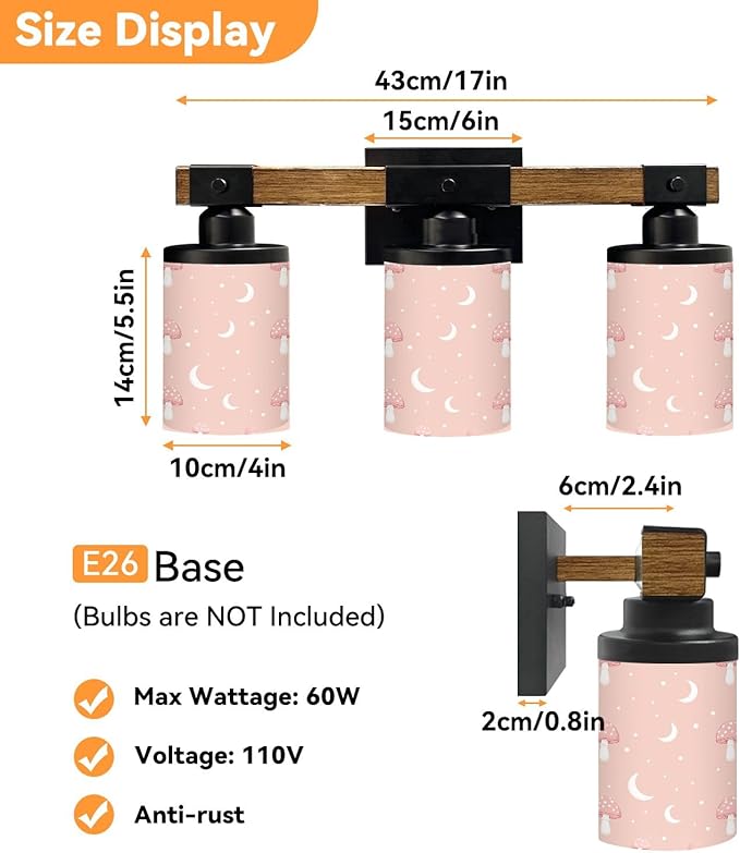Vanity Lights for Bathroom Wall Lights for Bedroom Living Room Whimsical Pink Mushroom Crescent Moon Dots Modern Bathroom Light Fixtures Wall Sconces 3 Light Home Decor