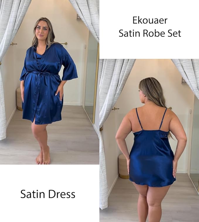 Ekouaer Women's Satin Robe Set Nightgown with Robes Silk Pajama Set 2 Pieces Lingerie Cowl Neck Cami Sleepwear Sets
