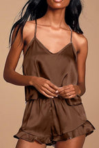 CHYRII Women's Sexy Silk Satin Ruffled Pajamas Sets Cami Shorts Sets Sleepwear