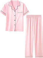 Umeyda Girls Womens Pajamas Set, Satin Silky Button Down Loungewear 2 Piece Short Sleeve Pants PJS Sets for Mommy Kids