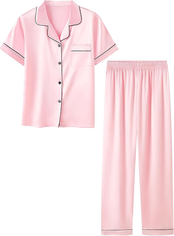 Umeyda Girls Womens Pajamas Set, Satin Silky Button Down Loungewear 2 Piece Short Sleeve Pants PJS Sets for Mommy Kids