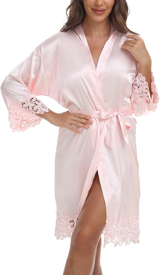 Womens Short Satin Robe Lace Trim Silk Kimono Sleepwear Bridesmaid Robes for Bride Wedding Party Nightgown