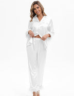 MORFORU Satin Pajama Set for Women Feather Trim Long Sleeve Pjs with Sleep Mask Headband Scrunchie Sleepwear Lounge Set